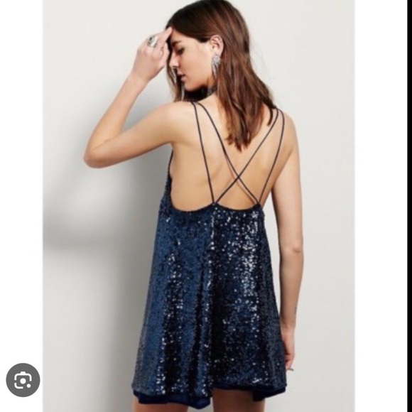 Free People navy sequin date night sexy vegas shimmering night Backless Dress L - Picture 2 of 7